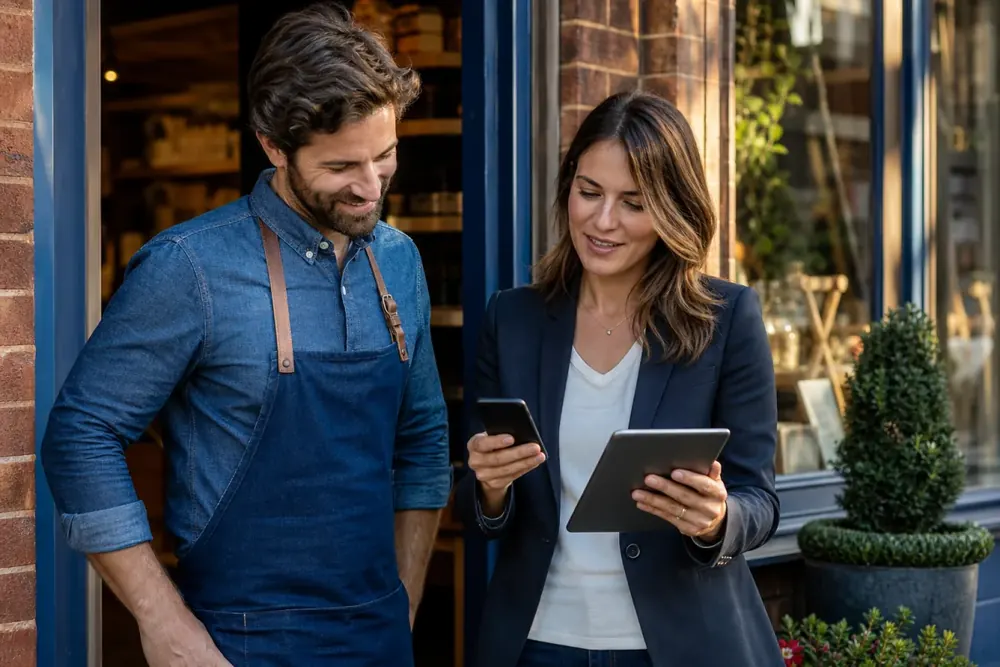 A local business owner comparing a business listing and website across digital devices