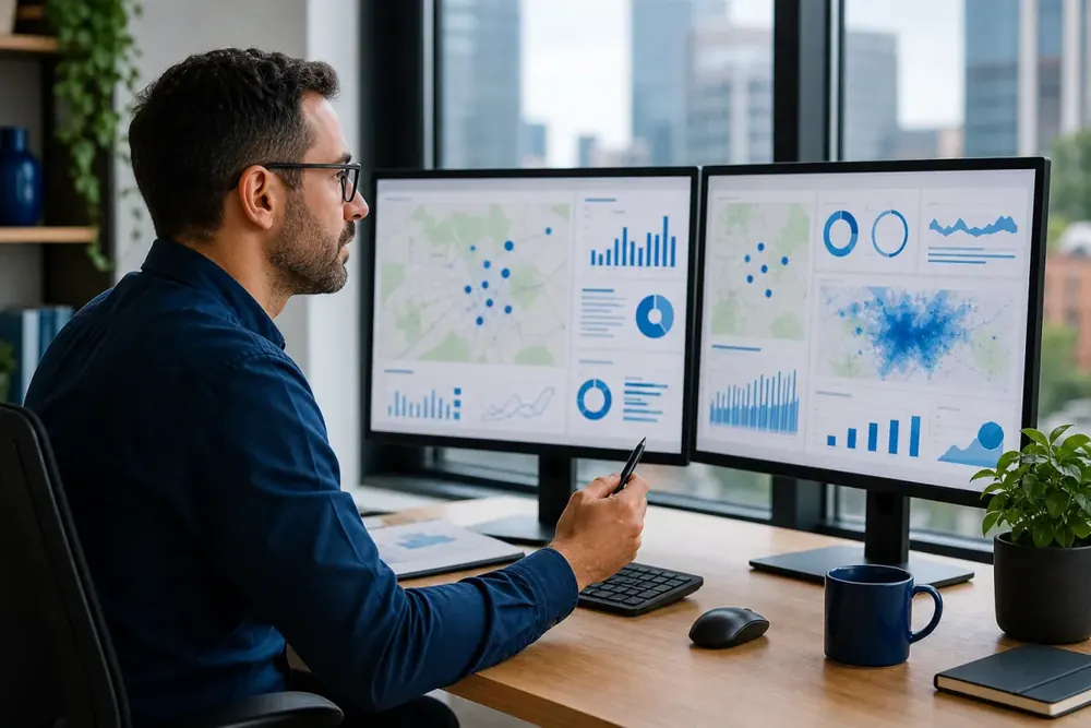 A strategist reviewing local search visibility and map performance for a business website