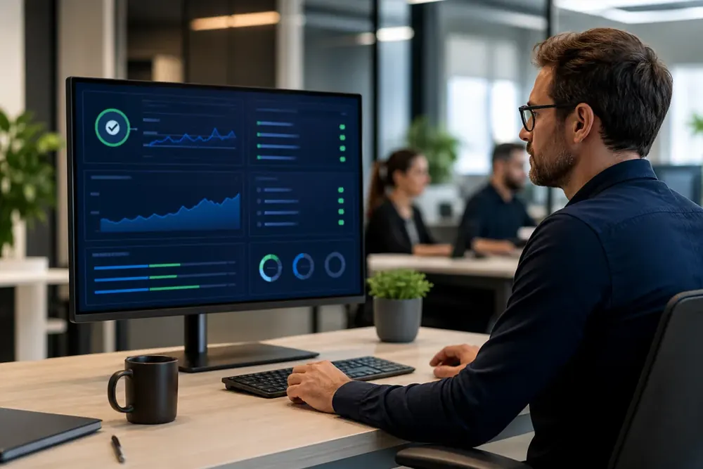 A support specialist monitoring website security maintenance and performance